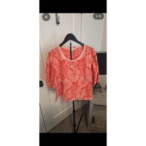 Solitaire Orange White Floral Embroidered Puff Sleeve Top Size L NWOT